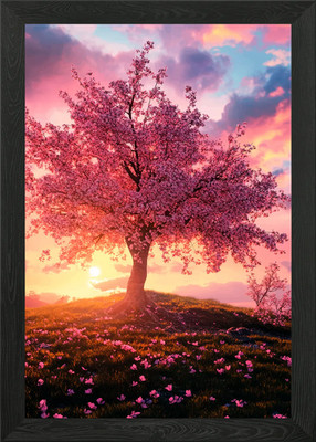 Kirschblütenbaum bei Sonnenuntergang gerahmtes Wandbild Poster Leinwanddruck Bild