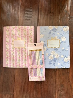 Yoobi LoveShackFancy x Target Set of 2 Floral A5 Notebooks Pink Blue and pencils