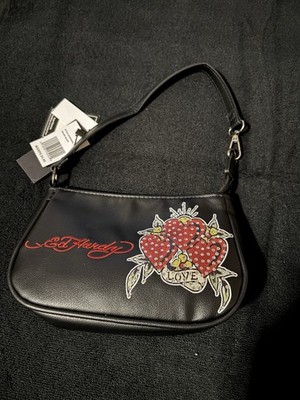 Ed Hardy Black Small Shoulder Bag Zip Closure Heart Love Applique Silver HW