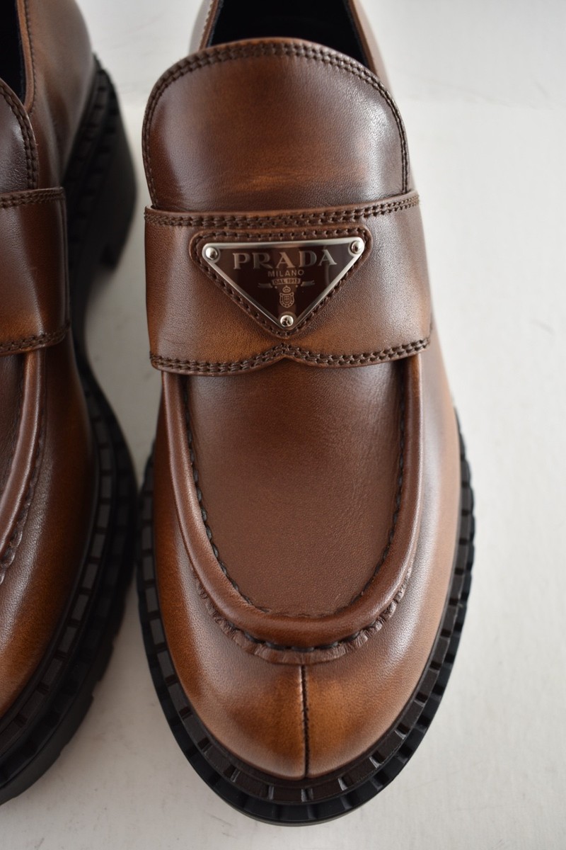 Prada Double Chocolate Cognac Brown Leather Platform Loafer