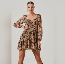 ASTR The Label Teyla Mini Dress Sz L Floral Cutout Brown, Yellow, Blush, Tan