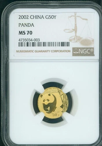 2002 GOLD PANDA 1/10 Oz. 50-Y CHINA 50Yn 50 YUAN NGC MS70 PERFECT KEY DATE MS-70