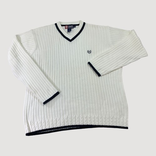 Ralph Lauren Chaps Sweater Mens L White RL Crest Logo Textured Knit V-Neck - Picture 2 of 8