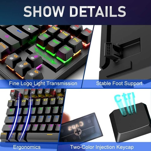 Wired Gaming Set Rainbow LED 87 Keys Mechanical Keypad Mouse 6400 DPI for PS4 PC - Picture 6 of 15