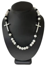 Black SilverCrystal Iced Ball Pollyanna Shamballa Beaded Baseball Cross Necklace