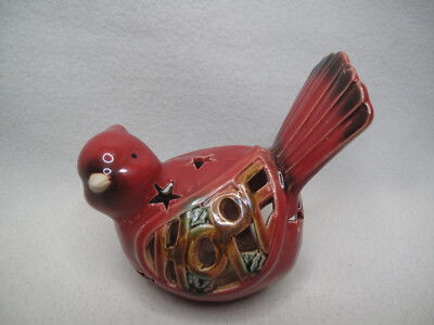 Ceramic Red Cardinal Bird Figurine ~ Cutout For A Tea Candle~Glossy~Stars~Holly