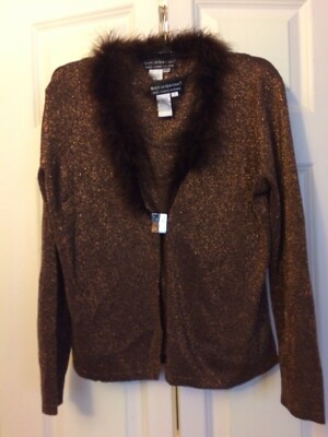 QUEST-CE Que C est? Paris London NY silk Sweater Fur Edging On Collar size L 