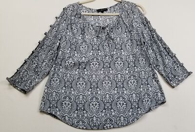 Fred David Top Women s Large L Blue White Floral 3/4 Sleeve Lattice Blouse Scoop