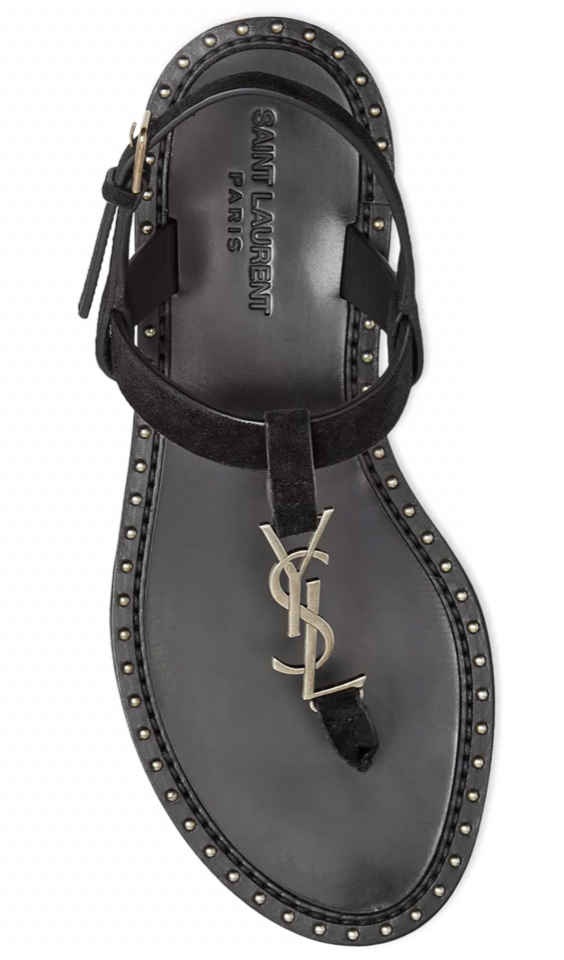 Sandalo piatto Saint Laurent YSL logo Iota 05 nero scamosciato borchie perizoma slide 39