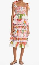 Farm Rio A-Line Dress White Floral Pleated/Ruffle Sleeveless Square Neck S $245