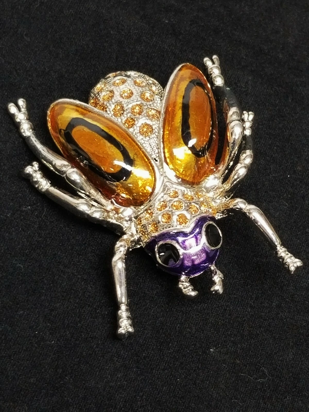 Vintage Rhinestone Black & Orange Enamel Bug Fly Insect Brooch 2" x 1 3/4"