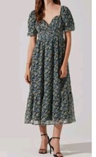 ASTR the Label Midi Dress Women's Size S Short Puff Sleeve Blue Multi Floral