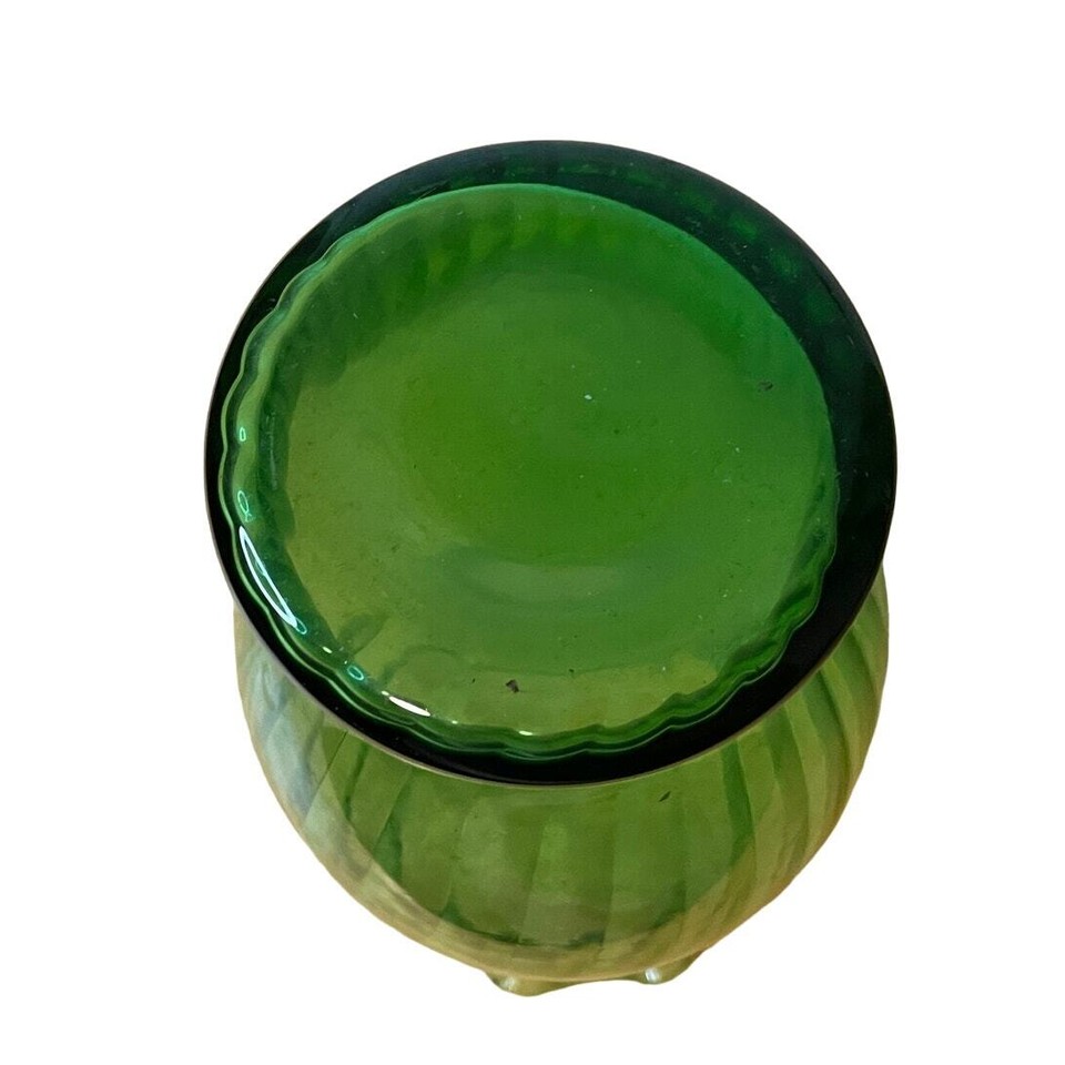 Vintage Translucent Emerald Green Swirl Ribbed Vase Ruffled Flower