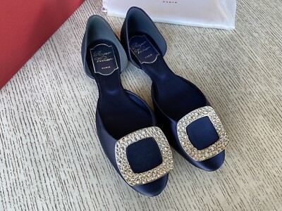 100%Auth Roger Vivier Blue Satin Swarovski Crystal Buckle