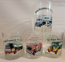 4 Vintage Hess Trucks Drinking Glasses Fire truck, Tanker, Trailer, & Race Car