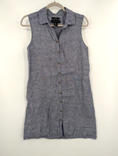 Tahari Womens Small 100% Linen Sleeveless Shirt Blouse Long Tunic Top Dress Blue