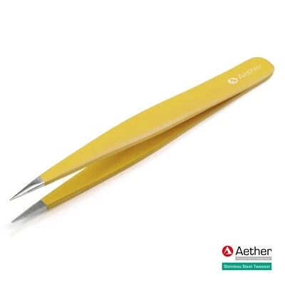 Aether® Tweezers Stainless Steel Eyebrow Hair Pluckers Yellow Pointed Slanted