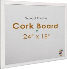 Cork Board 24" x 18" White Wood Frame Bulletin Board, 10 Push Pins Office School