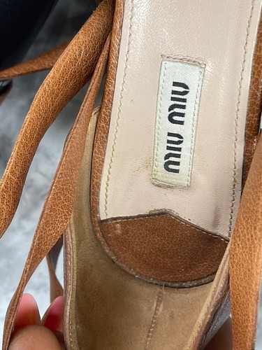 Miu Miu Sandals Women 37.5 / 7.5M Gladiator Shoes Brown Leather Block Ankle Wrap - Picture 18 of 21