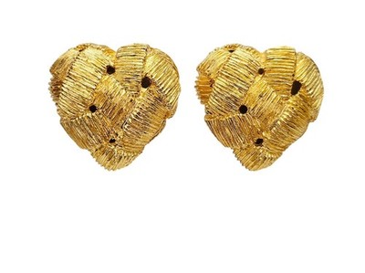 Gold Tone Criss Cross Heart Clip On Domed Earrings Signed Natori C752