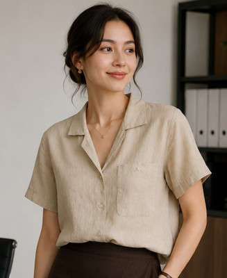 Vtg Linen Blouse Top Womens 10 Beige Career Office Button Down Country Suburbans