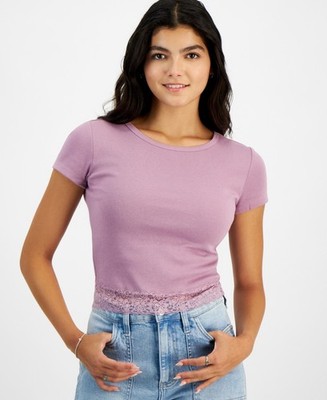 Hippie Rose Top Women's Large Valerian Lace-Trim Short Sleeve Crew Neck PAL132