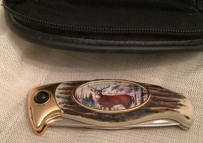 franklin mint Imitation, Deer, Antler, And Brass Pocket  knife Collectible