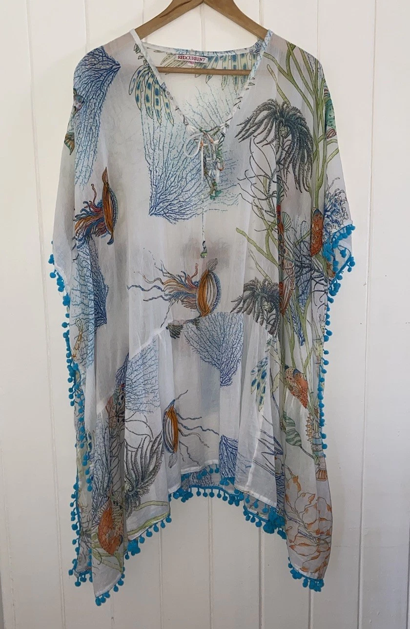RED CURRENT Free Size Top Cover Up Poncho Seaside Print Cotton Blue Pom-poms