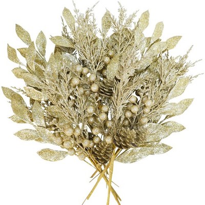 Winlyn 24 Pcs Christmas Glitter Artificial Leaf Picks Pine Needles Champagne 