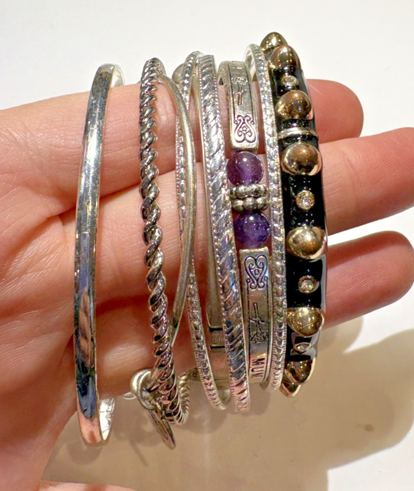 Chunky Stackable Silver tone Etched Bangle Charm … - image 4