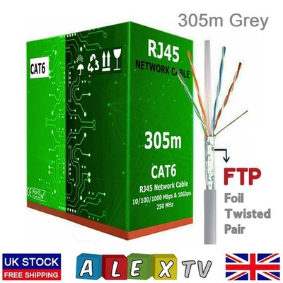305m CAT6 Ethernet Netzwerk RJ45 Gigabit FTP 4 Paar Kabel Rolle Zugtrommel Box grau
