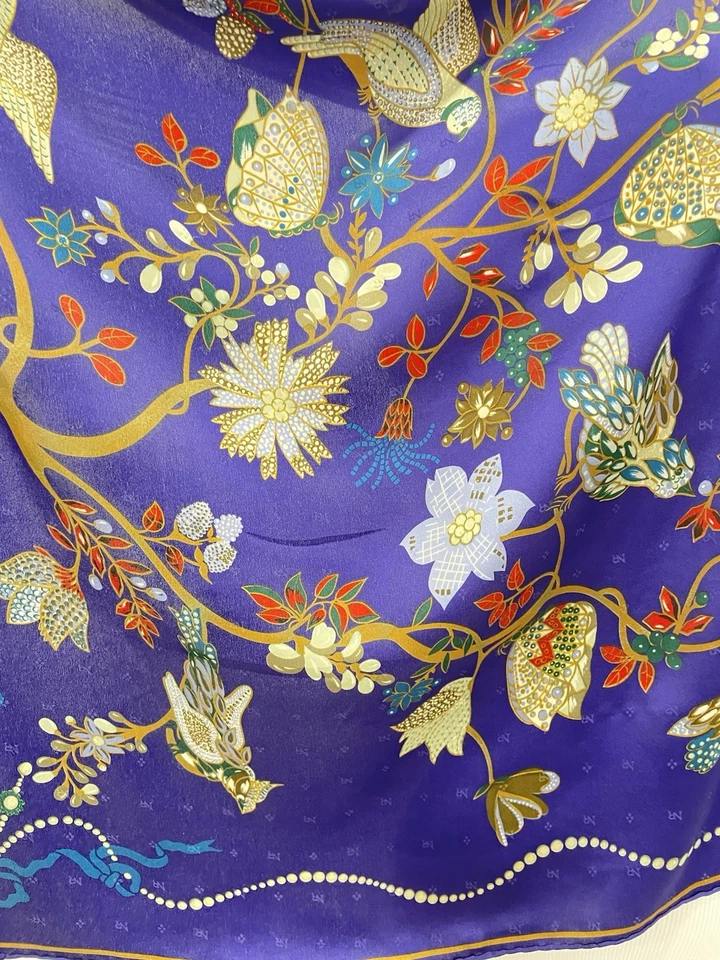 Y3#Nina Ricci Bufanda de Seda Púrpura Floral Estampado de Pájaros Vintage Lujo Cuadrado Foto 2 de 4