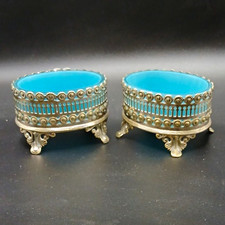 Pair Silver Plate Open Salt Cellars/Dishes with Blue Glass Liners