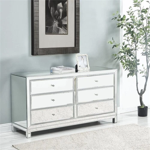 Elegant Decor Reflexion 6 Drawer 60" Mirrored Dressser in Antique Silver - Picture 2 of 10