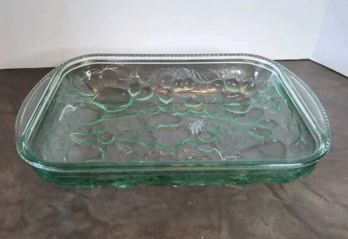 Vintage Libbey Orchard Fruit Green Glass Casserole Oven Proof Baking Dish 9x12