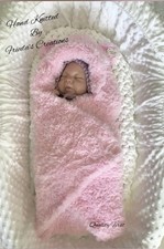 💜 New Hand Knitted Newborn Reborn Baby Fun Fur Pink Hooded Wrap