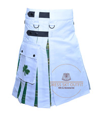 Scottish Handmade White Cotton  Irish Tartan Hybrid Utility Kilt for Men's