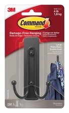 Large Matte Black Double Hook, 1 Hook and 1 Strip, Damage-Free Wall Hooks wit...