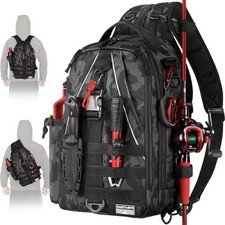 Fishing Tackle Sling Backpack with Rod Holder, Lightweight, Large Black Camo