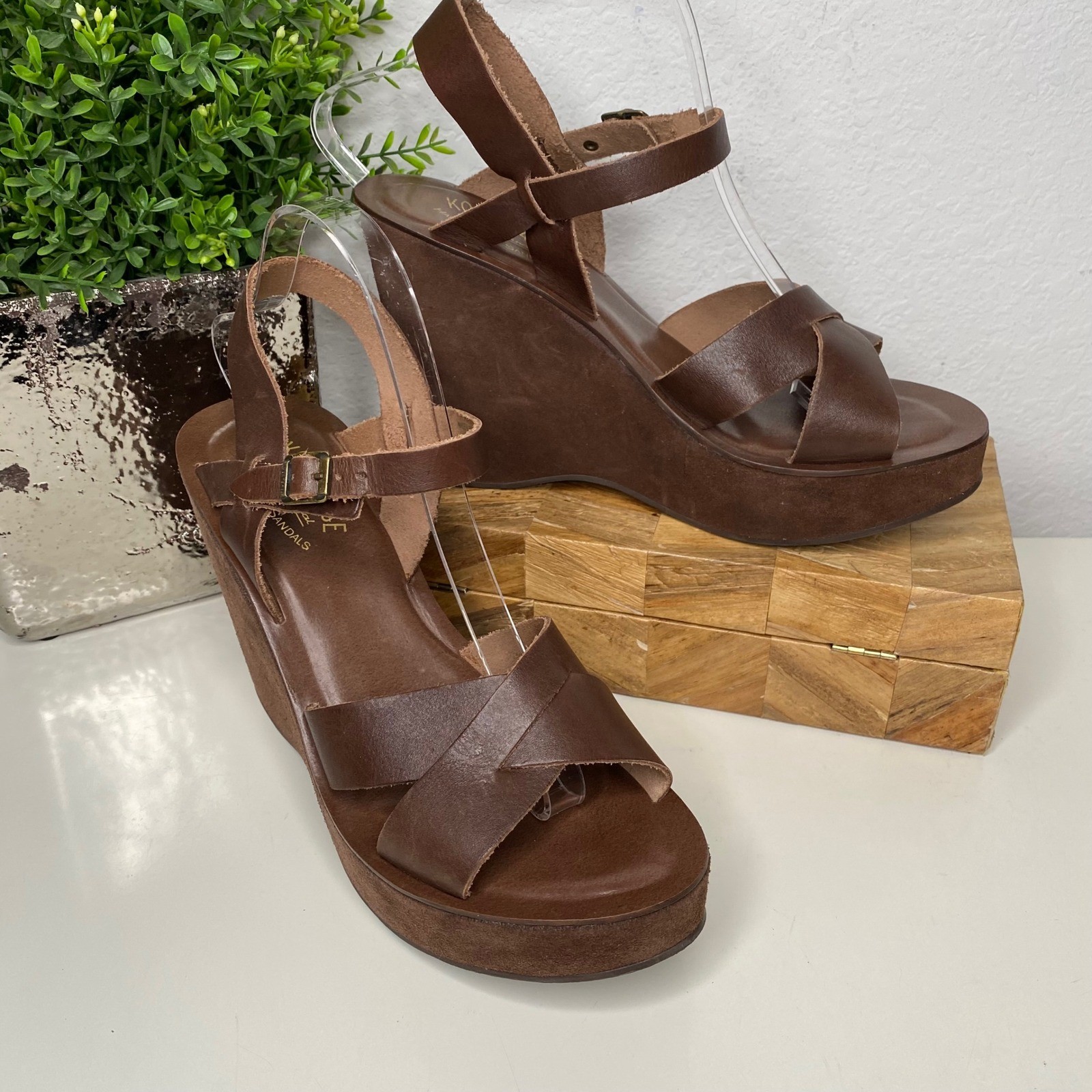 Kork Ease Ava Dark Brown Leather Criss Cross Wedge Sandals Boho Women's Size 10