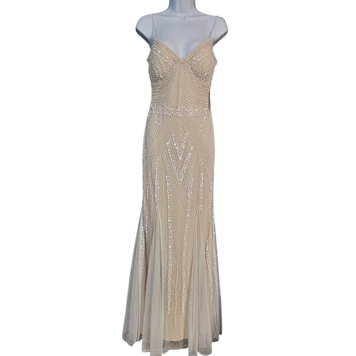 Marina Beaded Sequin Dress Spaghetti Strap Gown Nude and Ivory V neck Size  2 NWT