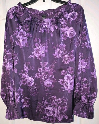Talbots Large L New NWT Women Blouse Top Purple Stretch Satin Floral Long Sleeve