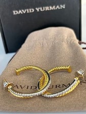 David Yurman 18k Yellow White Gold Diamond Crossover Hoop Earrings
