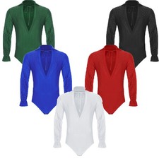 Mens Jumpsuit Salsa Bodysuit Shirts Dancewear Rhinestones Jazz Open Crotch