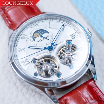 Mens Silver Double Flywheel Luxury Bling Skeleton Automatic Mechanical Watch