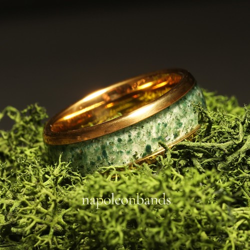Couples Moss Agate Wedding Band, 8mm & 6mm Yellow Gold Ring Set, Comfort Fit - Imagen 11 de 18