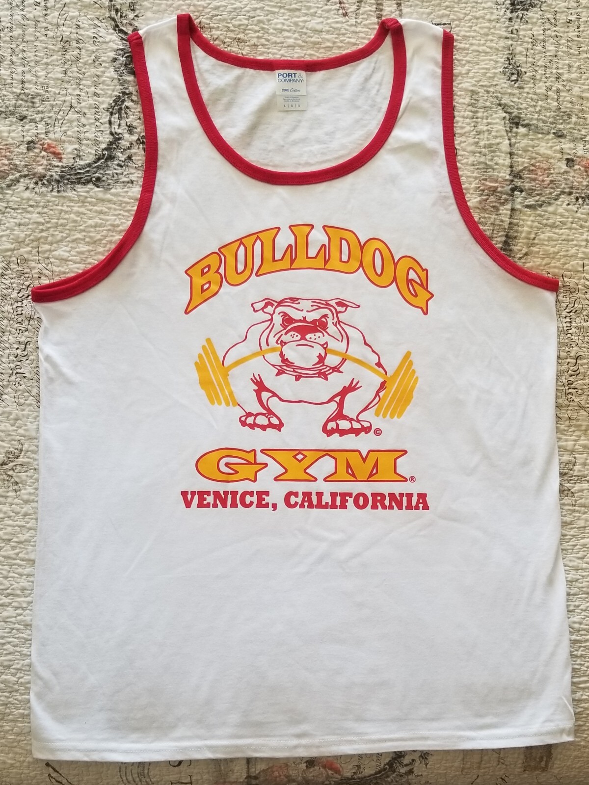 Bulldog Gym Bodybuilding White / Red / Vintage Gold Sleeveless Ringer A