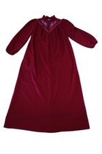 Vtg. At Home Wear Long Housecoat Velour Red Pockets Size L Zip