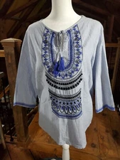 Womens Tunic Top Velvet Graham Spencer Small Blouse Embroidery Cotton Boho Ties