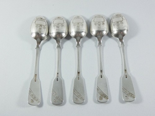 Antique 1900 Russian 84 Solid 875 Grade Silver Set of 5 Teaspoons Spoon Engraved - Picture 7 of 10